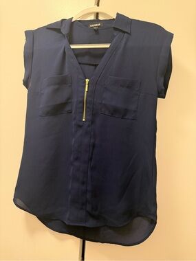 Express Navy Short-Sleeve Zip Front Blouse